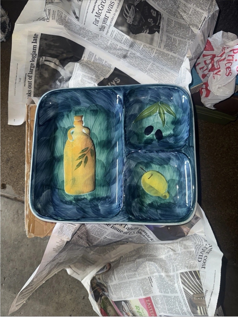 Blue Hand-Painted Ceramic Divided Serving Tray with Fruit Motif